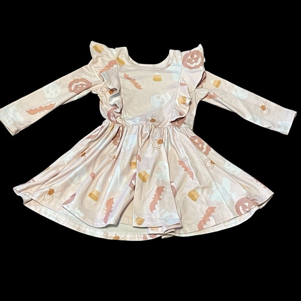 Dot Dot Smile Long Sleeve Halloween Dress Blush Pink White Pumpkin Bats 12-24 Mo